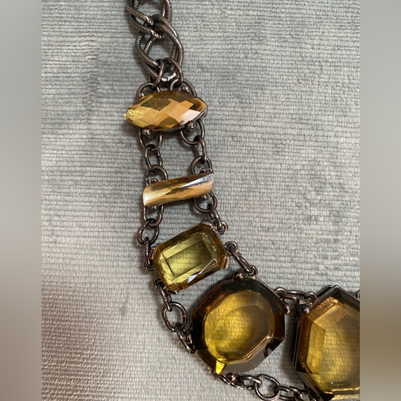 Chico’s bib choker collar style faceted stone topaz/gold, gunmetal chain 15-20” - Picture 5 of 15